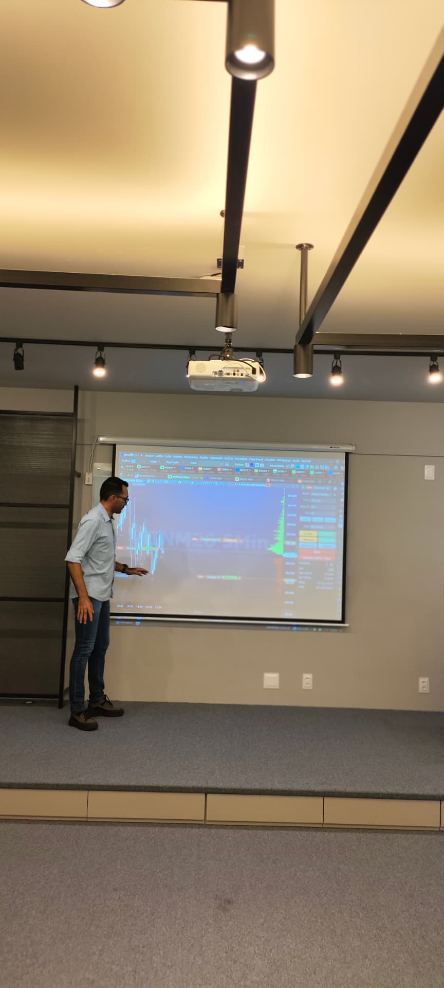 Encontro presencial da mentoria com análise de gráfico projetada na tela