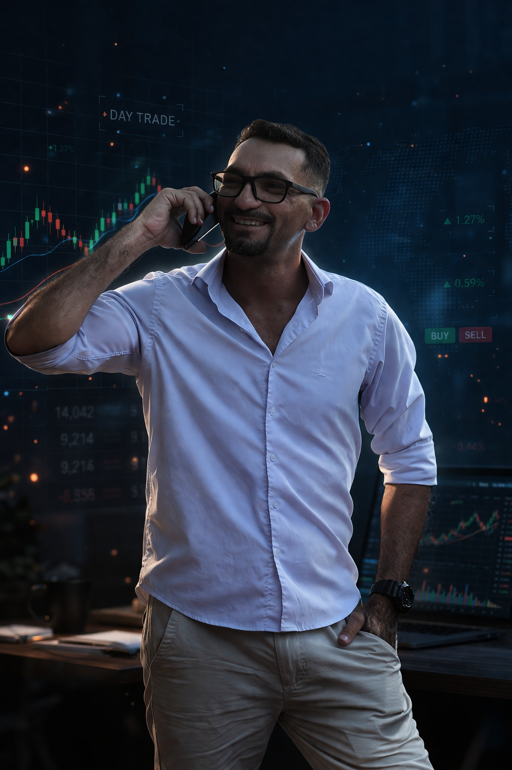 Mentor da Potencial Trader ao telefone com gráficos de day trade ao fundo
